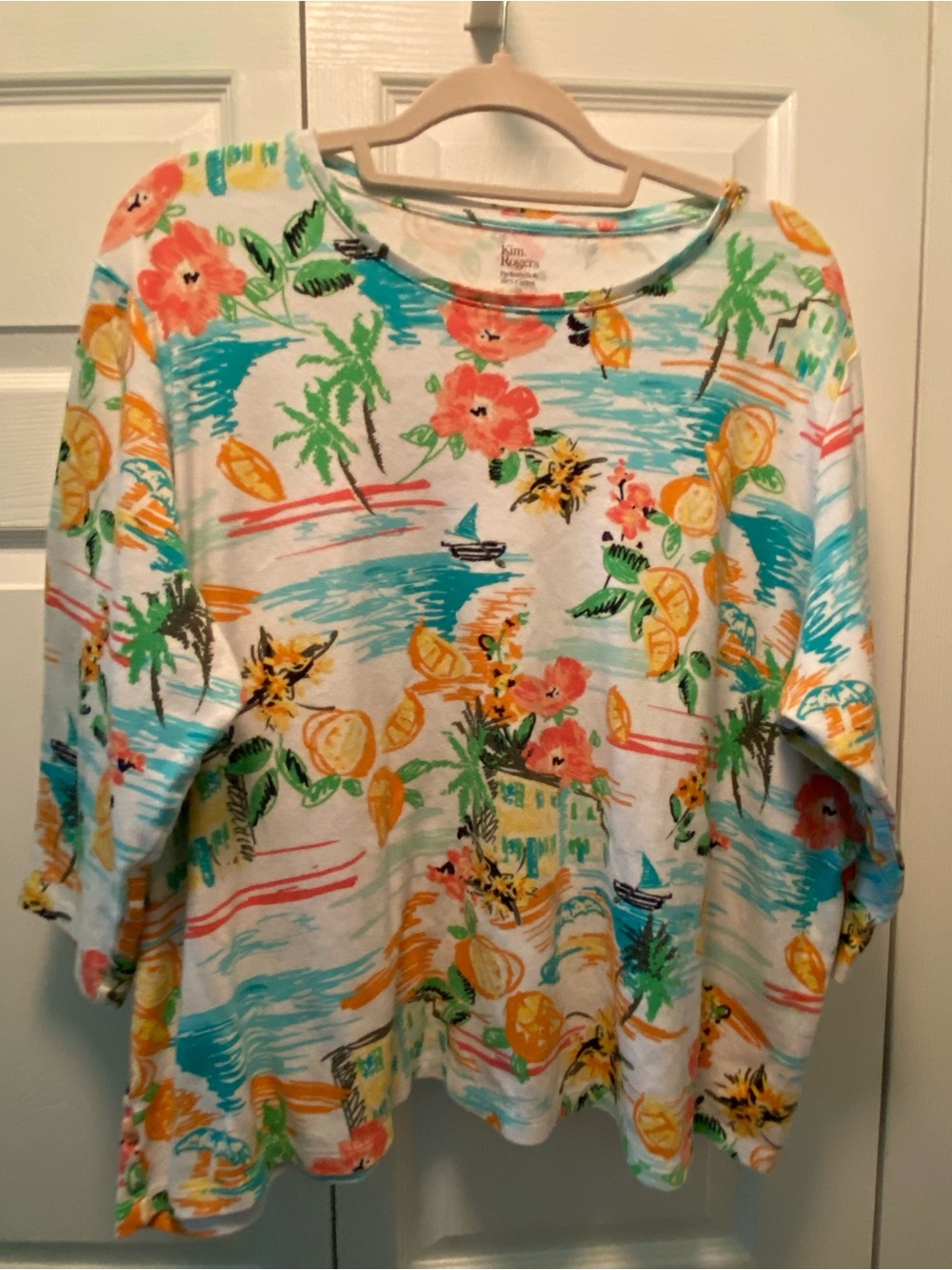 Kim Rogers White, Green, Coral & Aqua Tropical Floral & Palm Trees Top - 2X